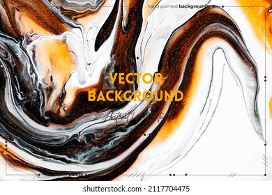 Fluid art texture. Background with abstract iridescent paint effect. Liquid acrylic picture with flows and splashes. Mixed paints for posters or wallpapers. Golden, brown and white overflowing colors.