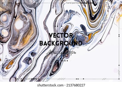 Fluid art texture. Background with abstract iridescent paint effect. Liquid acrylic picture with flows and splashes. Mixed paints for interior poster. Golden, navy blue and white overflowing colors.
