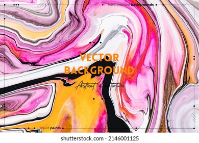 Fluid art texture. Background with abstract swirling paint effect. Liquid acrylic artwork that flows and splashes. Mixed paints for website background. Pink, golden and white overflowing colors.