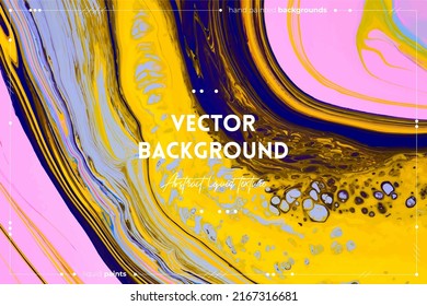 Fluid art texture. Background with abstract mixing paint effect. Liquid acrylic picture with flows and splashes. Mixed paints for website background. Yellow, blue and pink overflowing colors.