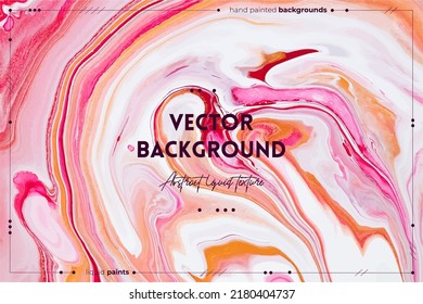 Fluid art texture. Background with abstract swirling paint effect. Liquid acrylic artwork with chaotic mixed paints. Can be used for posters or wallpapers. Pink, coral and golden overflowing colors.