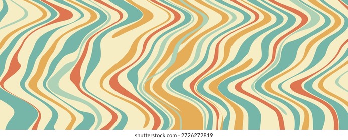 Fluide Kunsttextur mit kräftigem Vintage, verzerrten Wellenmustern mit wirbelnden groovigen Retro-Linien. Marmorierte Ästhetik, mineralische Textur, psychedelische Kulisse im Stil der 70er Jahre. Muster mit verzerrtem Drall 
