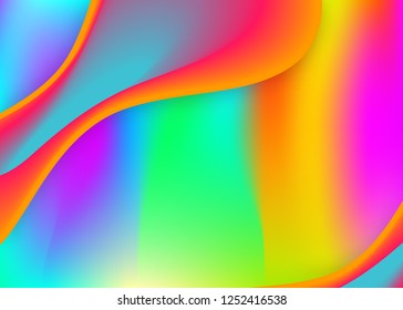 Fluid background. Holographic 3d backdrop with modern trendy blend. Vibrant flyer, cover template. Vivid gradient mesh. Fluid background with liquid dynamic elements and shapes.