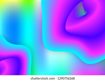 Fluid background. Holographic 3d backdrop with modern trendy blend. Vivid gradient mesh. Circle cover, invitation layout. Fluid background with liquid dynamic elements and shapes.