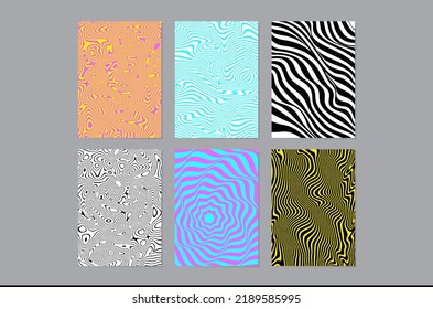 Сolorful fluid backgrounds with wavy abstract stripes. Optical illusion. Trendy neon acid retro textures for cover, notebook, poster design, fashion concept. Vector illustration.