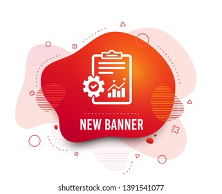 Fluid badge. Project management icon. Report document with cogwheel symbol. File with charts symbol. Abstract shape. Gradient project management icon. Flyer liquid banner. Vector