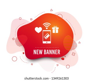 Fluid badge. Wireless mobile payments icon. Smartphone, credit card and gift symbol. Abstract shape. Gradient payments icon. Flyer liquid banner. Vector