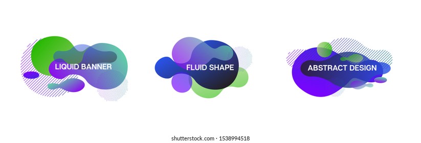 Fluid Banners, Blue, Pink, Purple, Green Liquid Shapes. Cool Fluid Dynamic Background. Geometric Fluid Border 80s Vibrant Splash Form Set. Vector Minimal Party Gradient Overlay, Button Template.