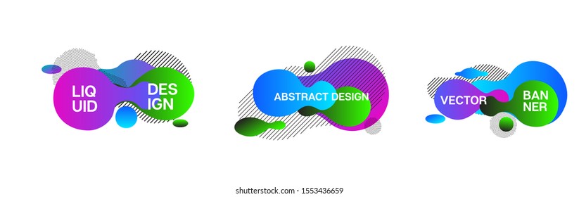 Fluid Banners, Blue, Pink, Purple, Green Liquid Shapes. 80s Vibrant Splash Form Set. Geometric Fluid Border Cool Fluid Dynamic Background. Vector Minimal Techno Gradient Overlay, Button Template.