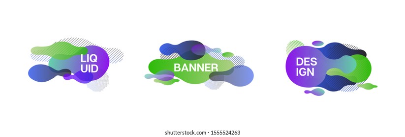 Fluid Banners, Blue, Pink, Purple, Green Liquid Shapes. 3d Vibrant Splash Form Set. Vector Minimal Hipster Gradient Overlay, Button Template. Geometric Fluid Border Cool Fluid Dynamic Background.