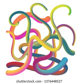 Fluid beautiful bright snakes in beautiful style. Vintage background. 3d abstract colorful fluid design. Modern background design. Spring decoration. Exotic print. Cartoon style. Spring blossom.