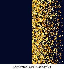 Fluid Birthday Card. Vector Round Bokeh. Abstract Iridescent Background. Geometric Anniversary Backdrop. Gold Confetti on Black. Isolated Golden Dust Particles. Random Bridal Backdrop. Foil Border.