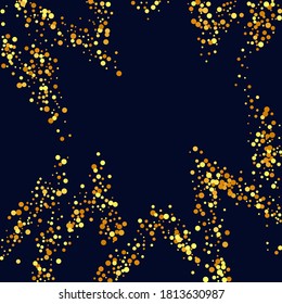 Fluid Birthday Card. Vector Round Bokeh. Abstract Iridescent Background. Random Bridal Backdrop. Foil Border. Gold Confetti on Black. Isolated Golden Dust Particles. Geometric Anniversary Backdrop.