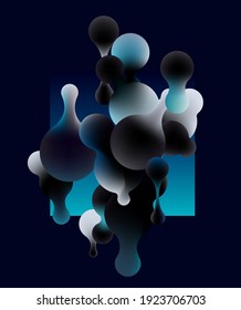 Fluid blue bubbles on dark background. Abstract 3D geometric composition