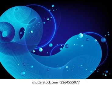 Fluid blue spiral vector background with bubble shapes. Futuristic design for banner, poster, cover, flyer, presentation, advertising.