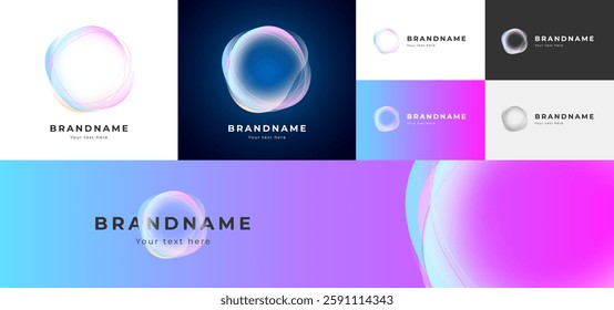 Fluid bubble AI logo set. Abstract amorphous gradient transparency shape. Modern soft wavy design symbol. Artificial intelligence, digital innovation and creativity. Trendy luminous branding element