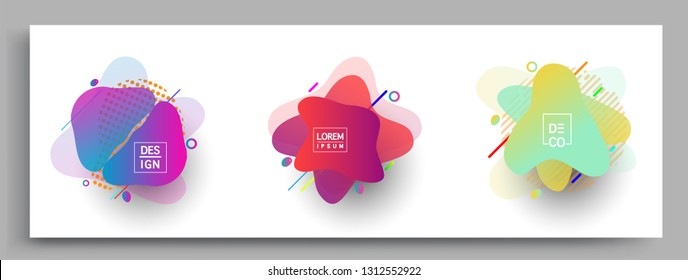 Fluid color badges set, abstract geometric shapes. Fluid gradient elements for minimal banner, logo, social post. Futuristic trendy dynamic elements. Abstract background.