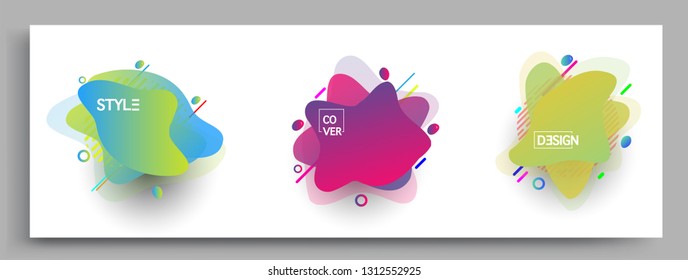 Fluid color badges set, abstract geometric shapes. Fluid gradient elements for minimal banner, logo, social post. Futuristic trendy dynamic elements. Abstract background.