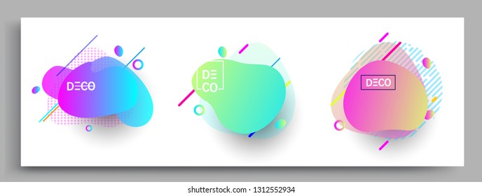 Fluid color badges set, abstract geometric shapes. Fluid gradient elements for minimal banner, logo, social post. Futuristic trendy dynamic elements. Abstract background.