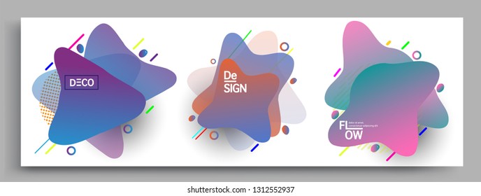 Fluid color badges set, abstract geometric shapes. Fluid gradient elements for minimal banner, logo, social post. Futuristic trendy dynamic elements. Abstract background.