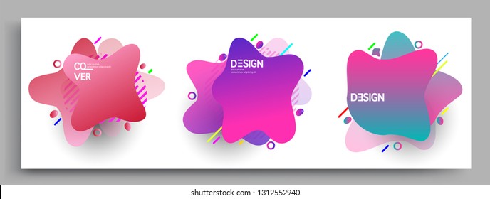 Fluid color badges set, abstract geometric shapes. Fluid gradient elements for minimal banner, logo, social post. Futuristic trendy dynamic elements. Abstract background.