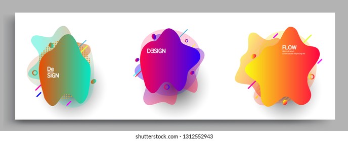 Fluid color badges set, abstract geometric shapes. Fluid gradient elements for minimal banner, logo, social post. Futuristic trendy dynamic elements. Abstract background.