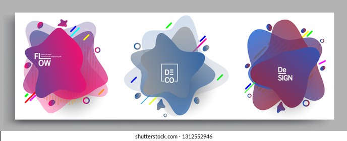 Fluid color badges set, abstract geometric shapes. Fluid gradient elements for minimal banner, logo, social post. Futuristic trendy dynamic elements. Abstract background.