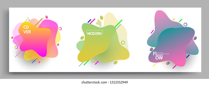 Fluid color badges set, abstract geometric shapes. Fluid gradient elements for minimal banner, logo, social post. Futuristic trendy dynamic elements. Abstract background.