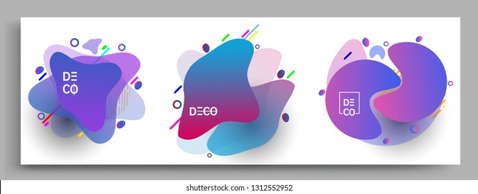 Fluid color badges set, abstract geometric shapes. Fluid gradient elements for minimal banner, logo, social post. Futuristic trendy dynamic elements. Abstract background.