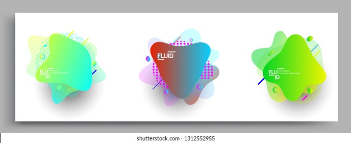 Fluid color badges set, abstract geometric shapes. Fluid gradient elements for minimal banner, logo, social post. Futuristic trendy dynamic elements. Abstract background.