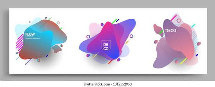 Fluid color badges set, abstract geometric shapes. Fluid gradient elements for minimal banner, logo, social post. Futuristic trendy dynamic elements. Abstract background.