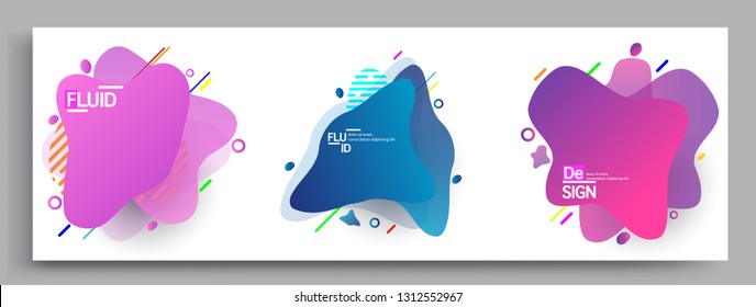 Fluid color badges set, abstract geometric shapes. Fluid gradient elements for minimal banner, logo, social post. Futuristic trendy dynamic elements. Abstract background.