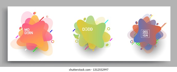 Fluid color badges set, abstract geometric shapes. Fluid gradient elements for minimal banner, logo, social post. Futuristic trendy dynamic elements. Abstract background.
