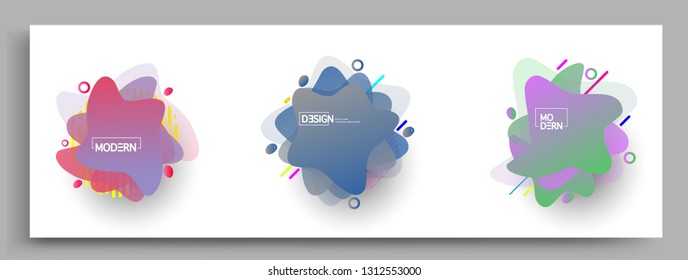 Fluid color badges set, abstract geometric shapes. Fluid gradient elements for minimal banner, logo, social post. Futuristic trendy dynamic elements. Abstract background.