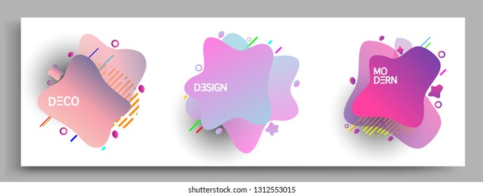 Fluid color badges set, abstract geometric shapes. Fluid gradient elements for minimal banner, logo, social post. Futuristic trendy dynamic elements. Abstract background.