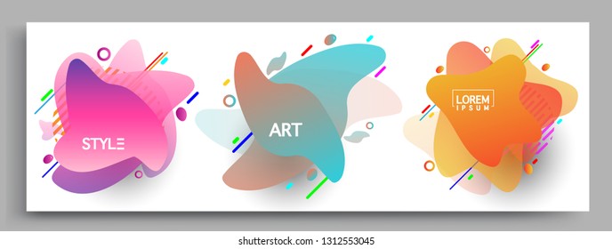 Fluid color badges set, abstract geometric shapes. Fluid gradient elements for minimal banner, logo, social post. Futuristic trendy dynamic elements. Abstract background.