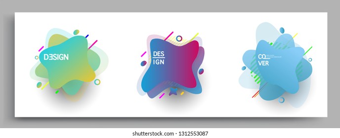 Fluid color badges set, abstract geometric shapes. Fluid gradient elements for minimal banner, logo, social post. Futuristic trendy dynamic elements. Abstract background.