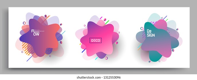 Fluid color badges set, abstract geometric shapes. Fluid gradient elements for minimal banner, logo, social post. Futuristic trendy dynamic elements. Abstract background.