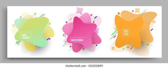 Fluid color badges set, abstract geometric shapes. Fluid gradient elements for minimal banner, logo, social post. Futuristic trendy dynamic elements. Abstract background.