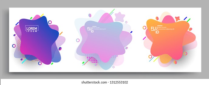 Fluid color badges set, abstract geometric shapes. Fluid gradient elements for minimal banner, logo, social post. Futuristic trendy dynamic elements. Abstract background.