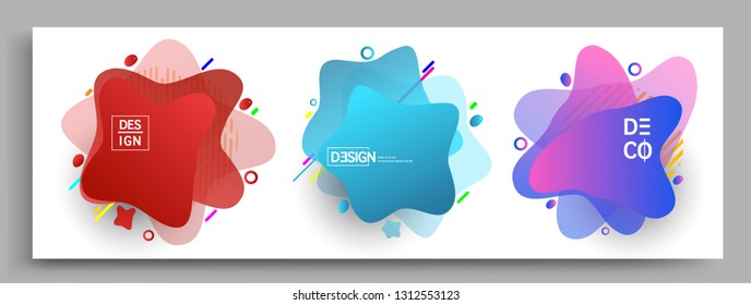 Fluid color badges set, abstract geometric shapes. Fluid gradient elements for minimal banner, logo, social post. Futuristic trendy dynamic elements. Abstract background.