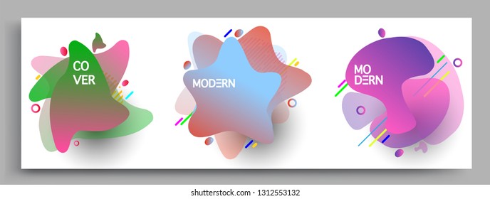 Fluid color badges set, abstract geometric shapes. Fluid gradient elements for minimal banner, logo, social post. Futuristic trendy dynamic elements. Abstract background.