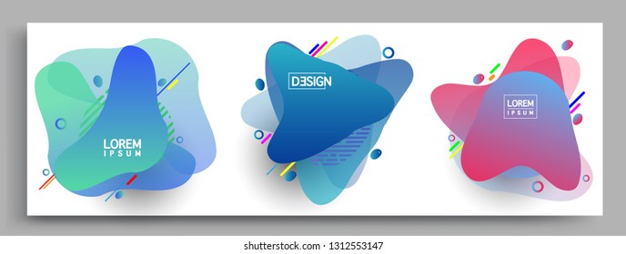 Fluid color badges set, abstract geometric shapes. Fluid gradient elements for minimal banner, logo, social post. Futuristic trendy dynamic elements. Abstract background.