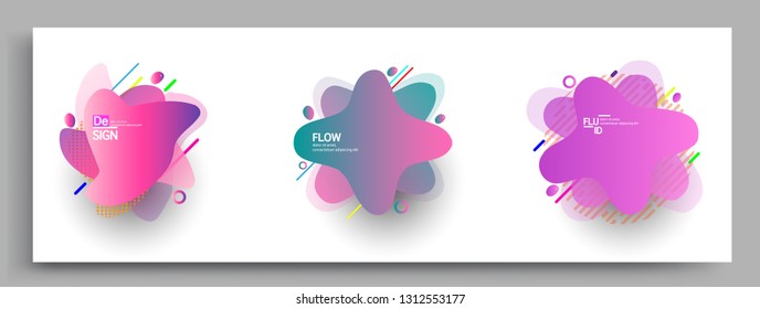 Fluid color badges set, abstract geometric shapes. Fluid gradient elements for minimal banner, logo, social post. Futuristic trendy dynamic elements. Abstract background.