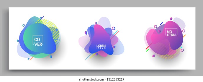 Fluid color badges set, abstract geometric shapes. Fluid gradient elements for minimal banner, logo, social post. Futuristic trendy dynamic elements. Abstract background.