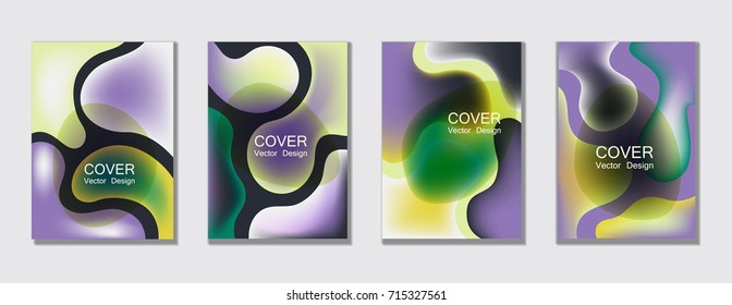 Fluid color covers set trendy vector design for business brochure, booklet, flyer. Colorful bubble shapes composition with gradients. Brochure cover design future geometric A4 templates.