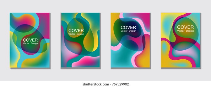 Fluid color covers set trendy vector design for business brochure, booklet, flyer. Colorful bubble shapes composition with gradients. Brochure cover design future geometric A4 templates.
