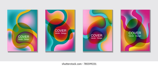 Fluid color covers set trendy vector design for business brochure, booklet, flyer. Colorful bubble shapes composition with gradients. Brochure cover design future geometric A4 templates.