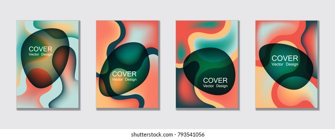 Fluid color covers set trendy vector design for business brochure, booklet, flyer. Colorful bubble shapes composition with gradients. Brochure cover design future geometric A4 templates.