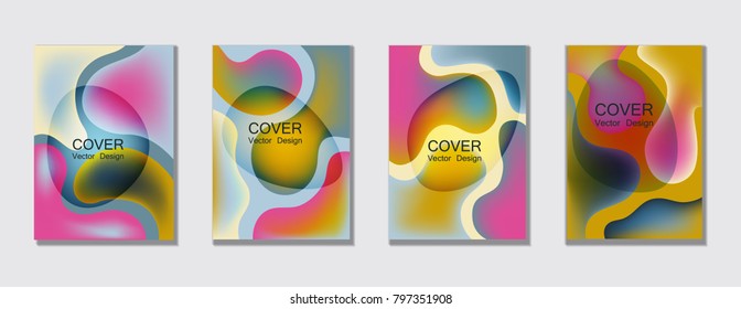 Fluid color covers set trendy vector design for business brochure, booklet, flyer. Colorful bubble shapes composition with gradients. Brochure cover design future geometric A4 templates.